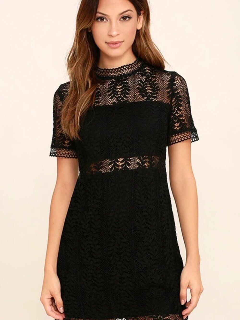 MINKPINK Tell Tale Lace Mock Neck Mini Dress Black Chevron Cutout - Size S
